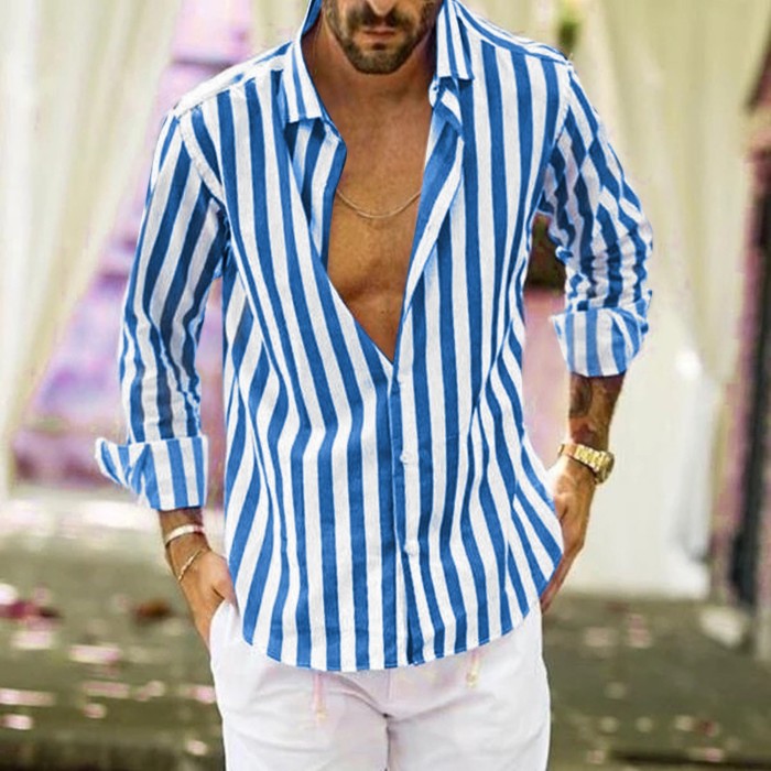 Men's Fashion Striped Long Sleeve Casual Print Button Loose Shirt
