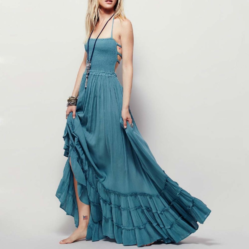 Sexy Bohemian Backless Fashion Solid Color Swing Cotton  Maxi Dress
