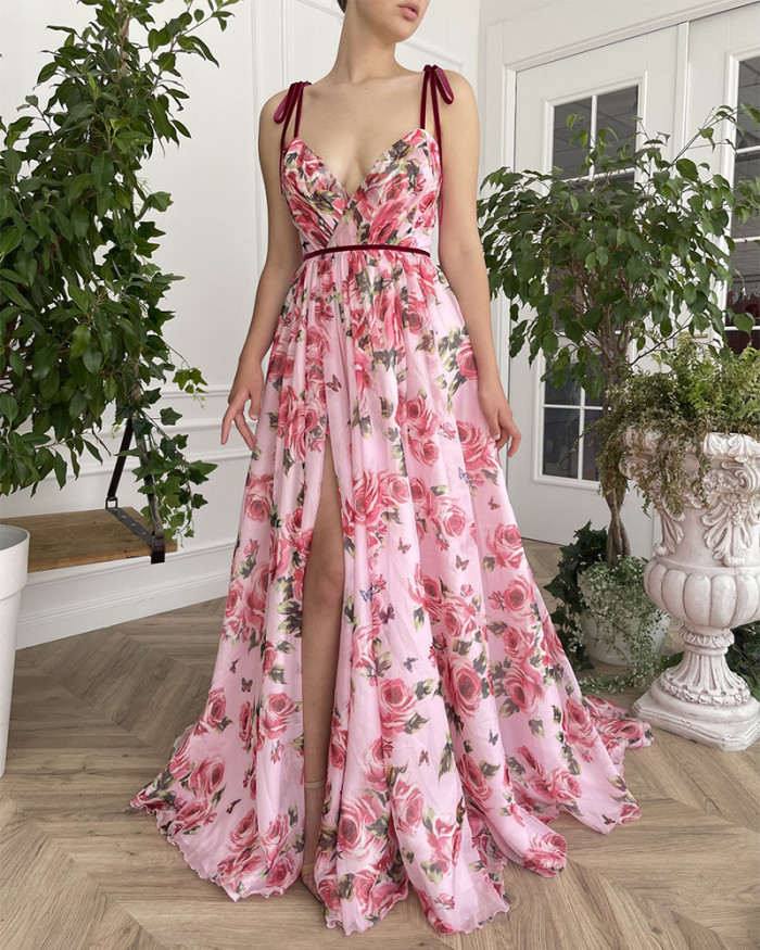 Rose Print Boho Chiffon Party Strap V-Neck Slit Hem Sexy Sling   Evening Dress