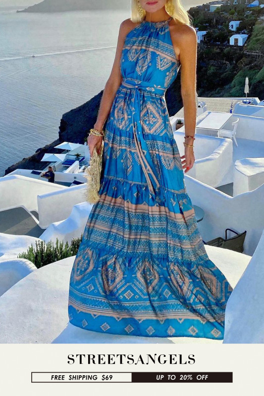 Fashion Boho Sleeveless Halter Print Vintage Elegant Party Maxi Dress