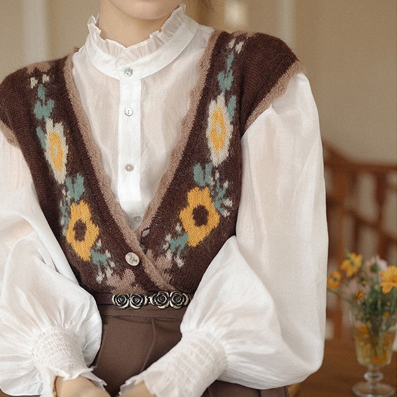 Ethnic V-Neck Fashion Print Loose Outer Sweater Vests