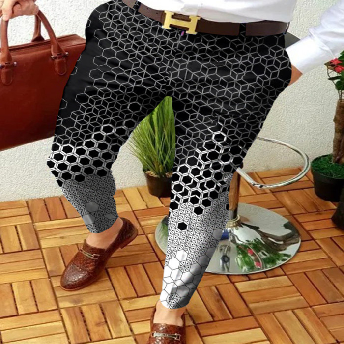 New Men's Fashion Geometric Print Mid Rise Formal Casual Pants