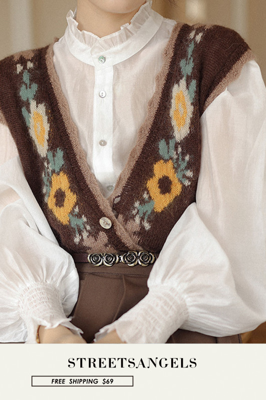 Ethnic V-Neck Fashion Print Loose Outer Sweater Vests