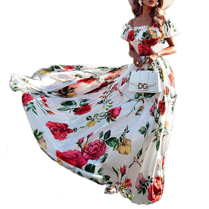 Fashion Print Boho Off-Shoulder Elegant Swing Party  Maxi Dress