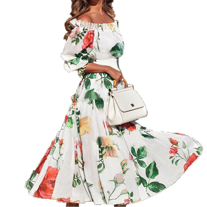 Fashion Print Boho Off-Shoulder Elegant Swing Party  Maxi Dress