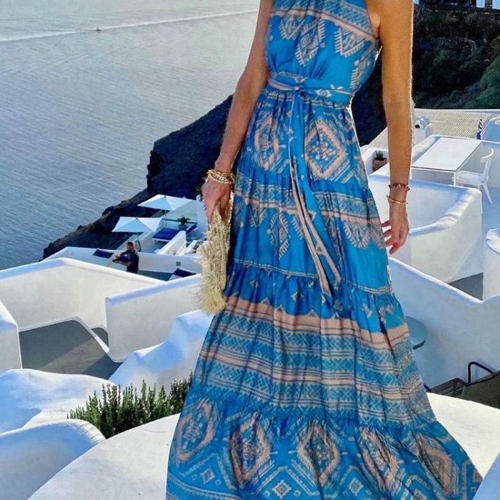 Fashion Boho Sleeveless Halter Print Vintage Elegant Party Maxi Dress