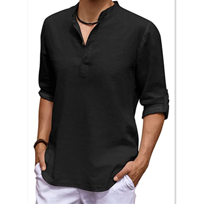 Men's Long Sleeve Cotton Linen Casual Breathable Stand Collar Shirt