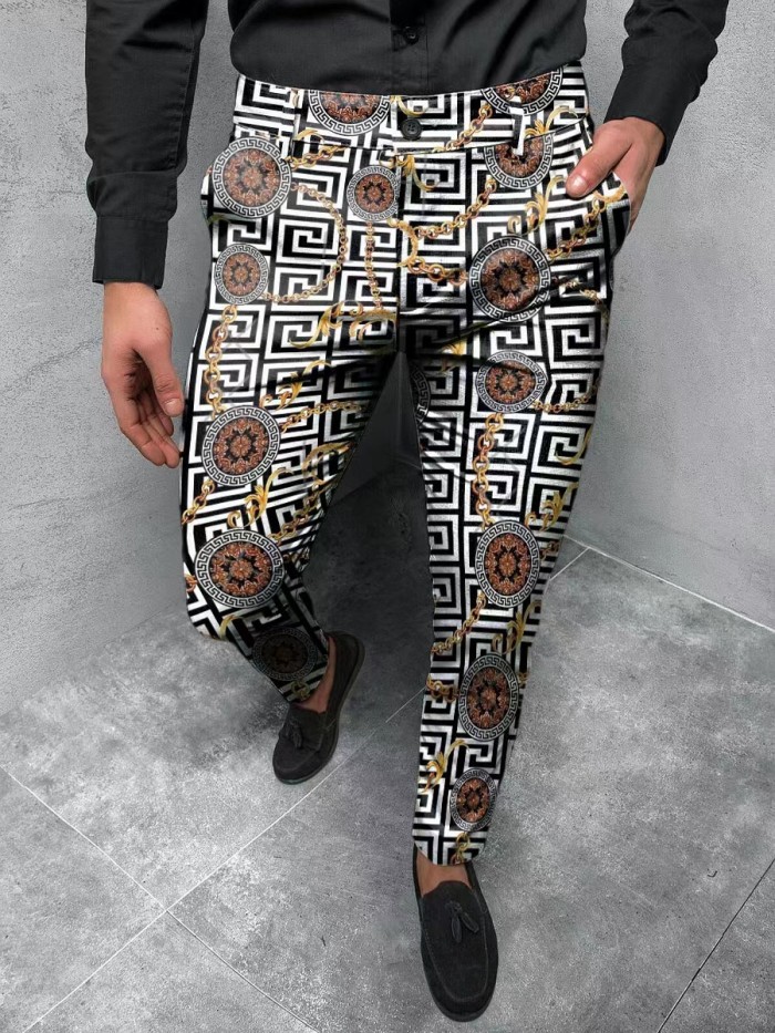 New Men's Fashion Geometric Print Mid Rise Formal Casual Pants