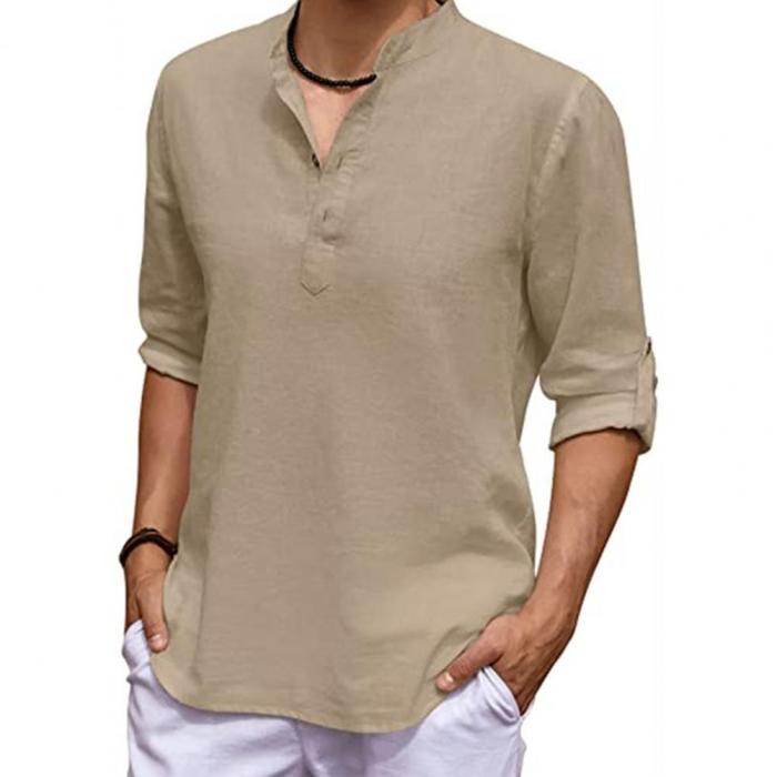 Men's Long Sleeve Cotton Linen Casual Breathable Stand Collar Shirt