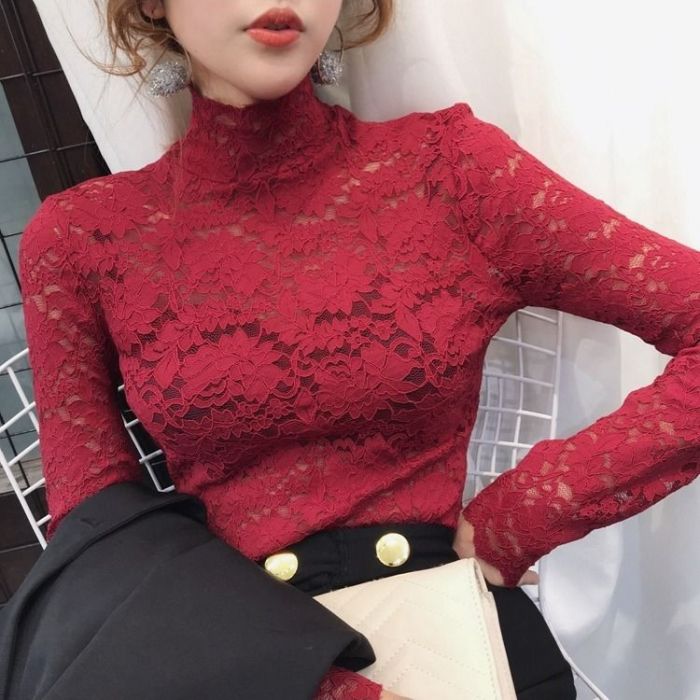 Women's High Neck Slim Lace Long Sleeve Cutout Bottoming  Blouses
