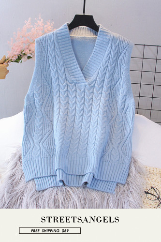 Women's Fashion V-Neck Loose Vintage Solid Color Sleeveless Sweater Vests