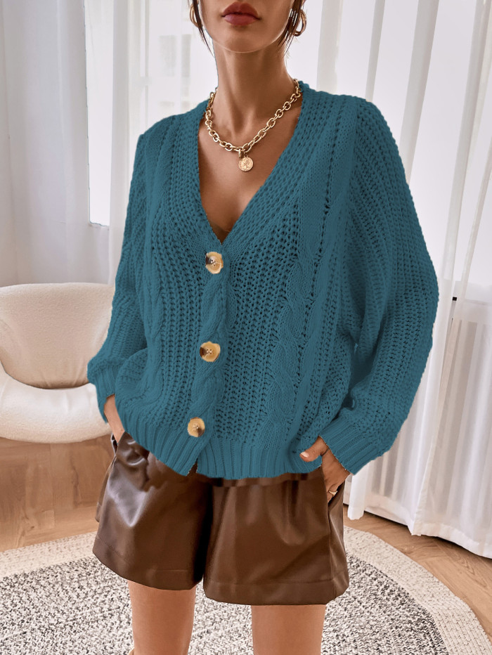 Women's Solid Color Loose Linen Pattern Breasted Sweater Cardigan
