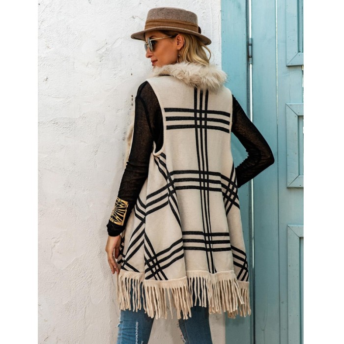 Women's Fur Collar Sleeveless Check Print Fashion Fringe Hem Sweater Vests
