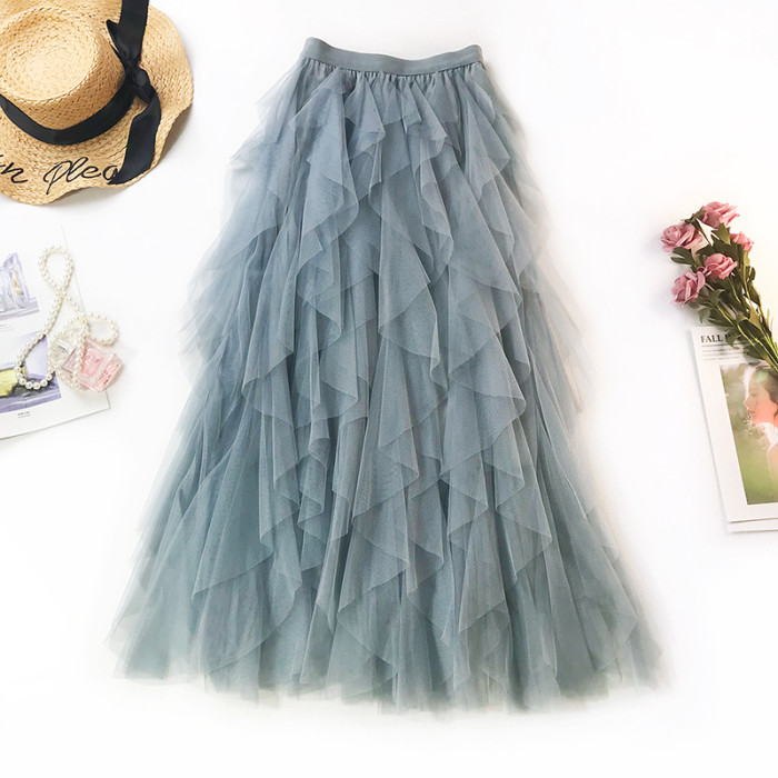 Fashion Tulle Extra Long Solid Color High Waist Pleated Skirt