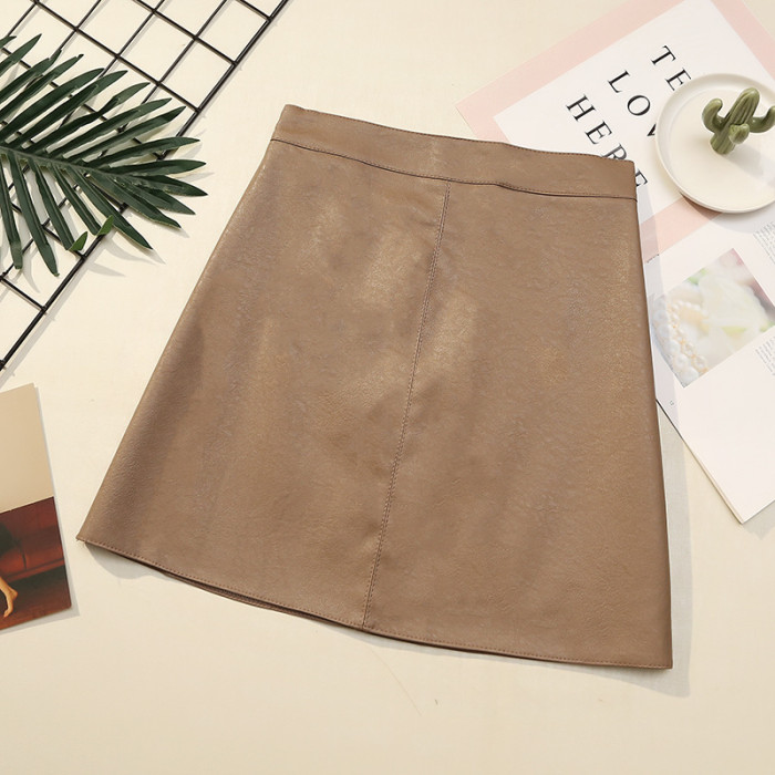 Fashion High Waist PU Leather Casual Elegant A Line Solid Color Skirts