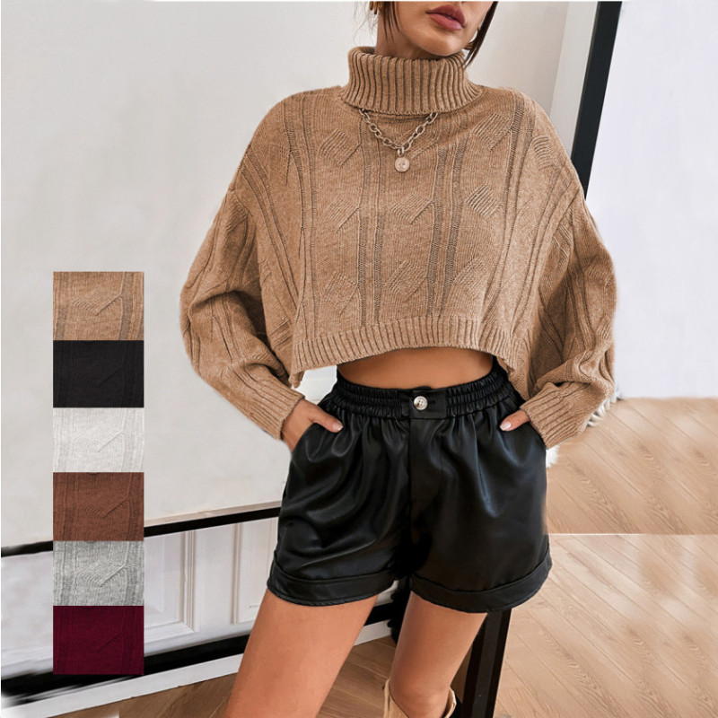 Women's Solid Color Fashion Turtleneck Split Doll Sleeve Twist Sweater