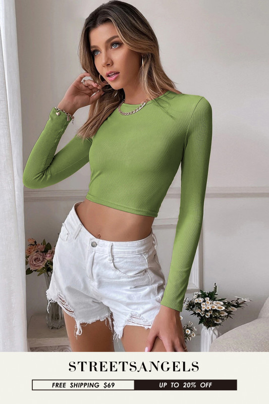 Women's Cutout Long Sleeve O Neck Casual Solid Color Tight Sexy Blouses