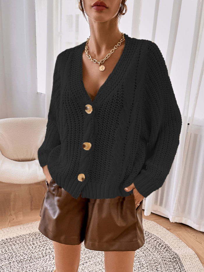 Women's Solid Color Loose Linen Pattern Breasted Sweater Cardigan