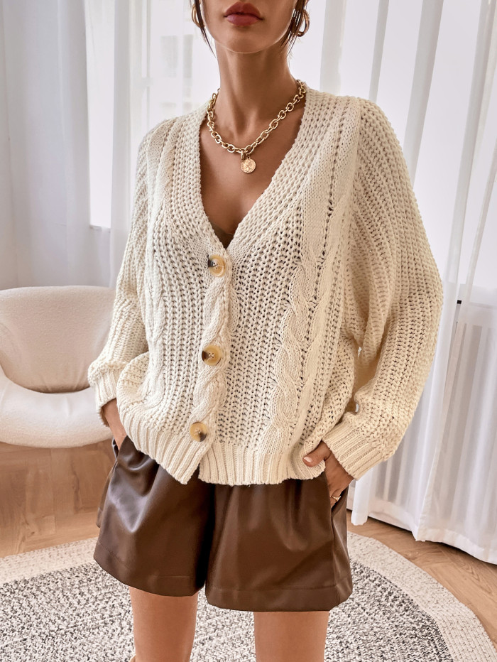 Women's Solid Color Loose Linen Pattern Breasted Sweater Cardigan