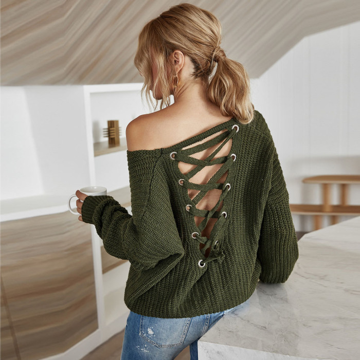 Women's Fashion Long Sleeve Solid Color Casual Strap Sweater