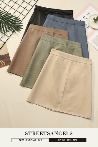 Fashion High Waist PU Leather Casual Elegant A Line Solid Color Skirts