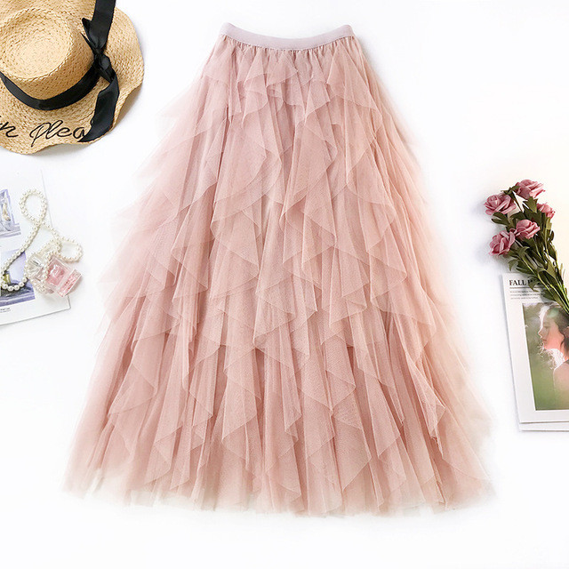 Fashion Tulle Extra Long Solid Color High Waist Pleated Skirt