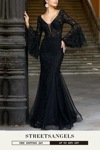 Sexy V Neck Long Flared Sleeve Black Lace Party Elegant  Evening Dress