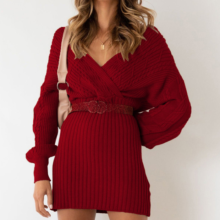 Elegant Solid Color Long Sleeve Sexy Party Fashion V Neck Sweater Dress