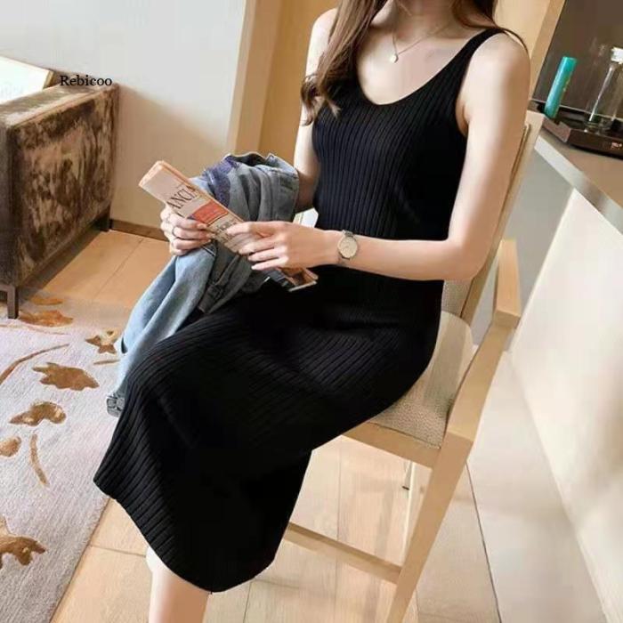 Women's Fashion Slim Casual Ribbed Sling A-Line Mid Length Sweater Dress