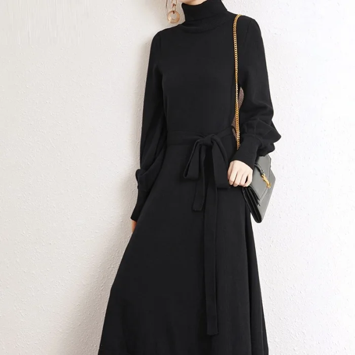 Elegant Long Sleeve Turtleneck Slim Fit A-Line Casual Solid Color Sweater Dress