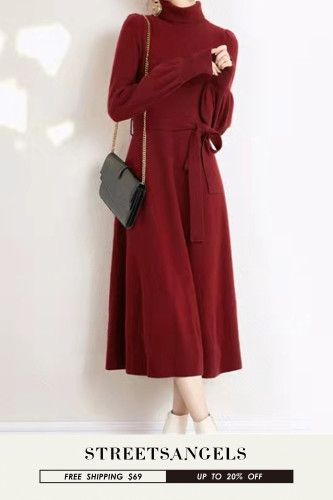 Elegant Long Sleeve Turtleneck Slim Fit A-Line Casual Solid Color Sweater Dress