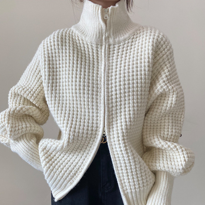 Women's Turtleneck Solid Color Loose Zip Casual Sweater Cardigans