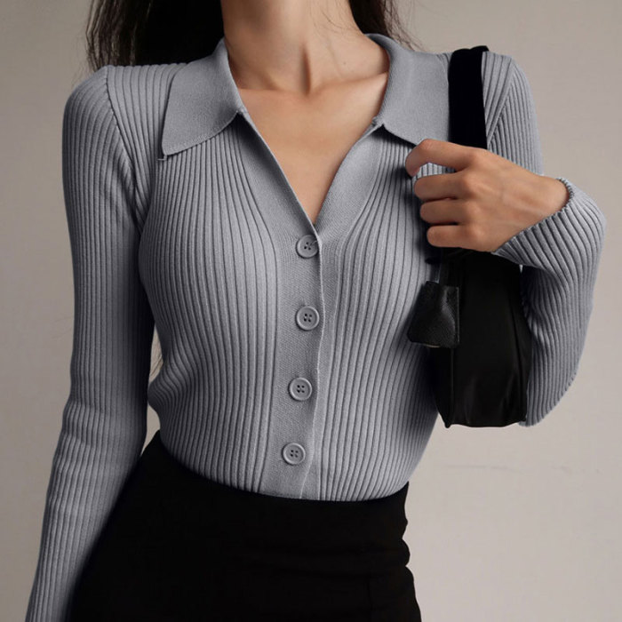 Sexy V-Neck Long Sleeve Lapel Slim Cutout Buttons  Sweaters  Cardigans