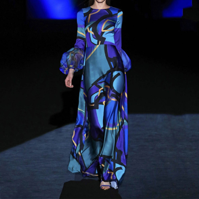 Fashion High Waist Belted Printed Long Sleeve Elegant Street Casual  Maxi Dress