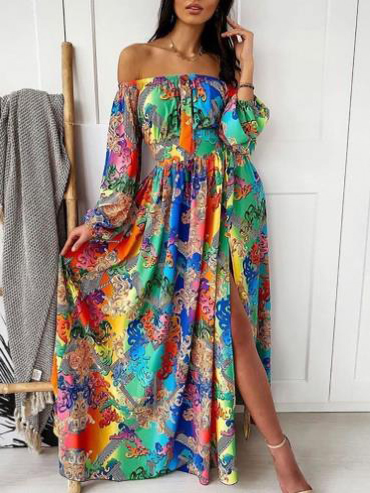 Retro V-neck 3/4 Sleeve Slit Maxi Dress main image 1