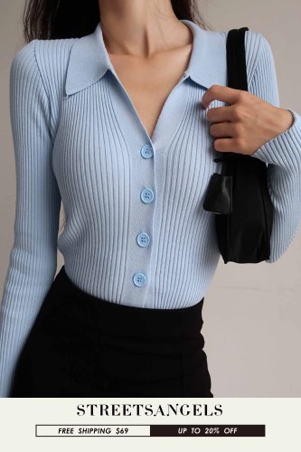 Sexy V-Neck Long Sleeve Lapel Slim Cutout Buttons  Sweaters  Cardigans