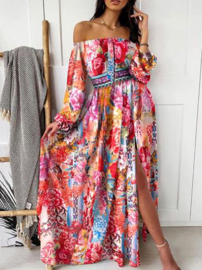 Long Sleeve Casual Fashion V-Neck Large Swing Retro Maxi Dress