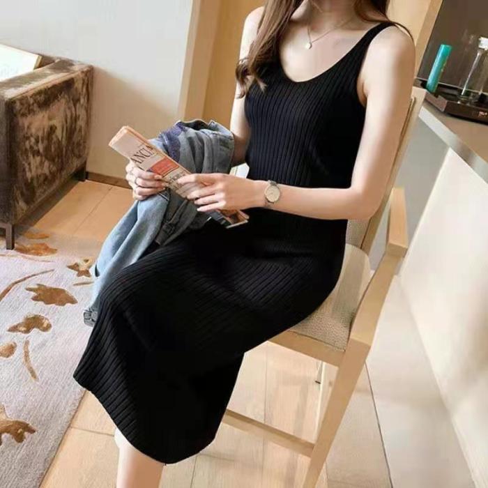 Women's Fashion Slim Casual Ribbed Sling A-Line Mid Length Sweater Dress