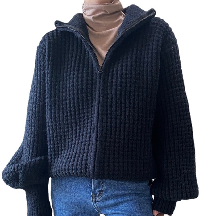 Women's Turtleneck Solid Color Loose Zip Casual Sweater Cardigans