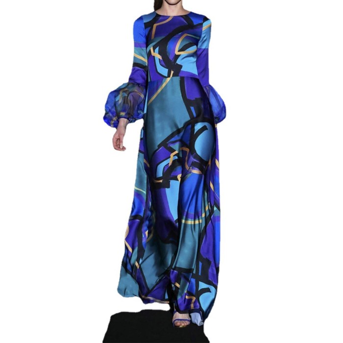 Fashion High Waist Belted Printed Long Sleeve Elegant Street Casual  Maxi Dress