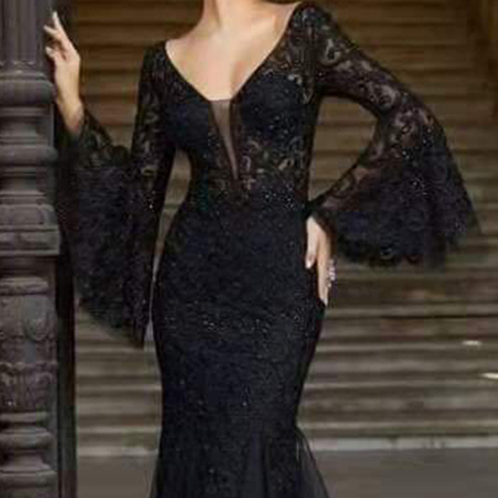 Sexy V Neck Long Flared Sleeve Black Lace Party Elegant  Evening Dress