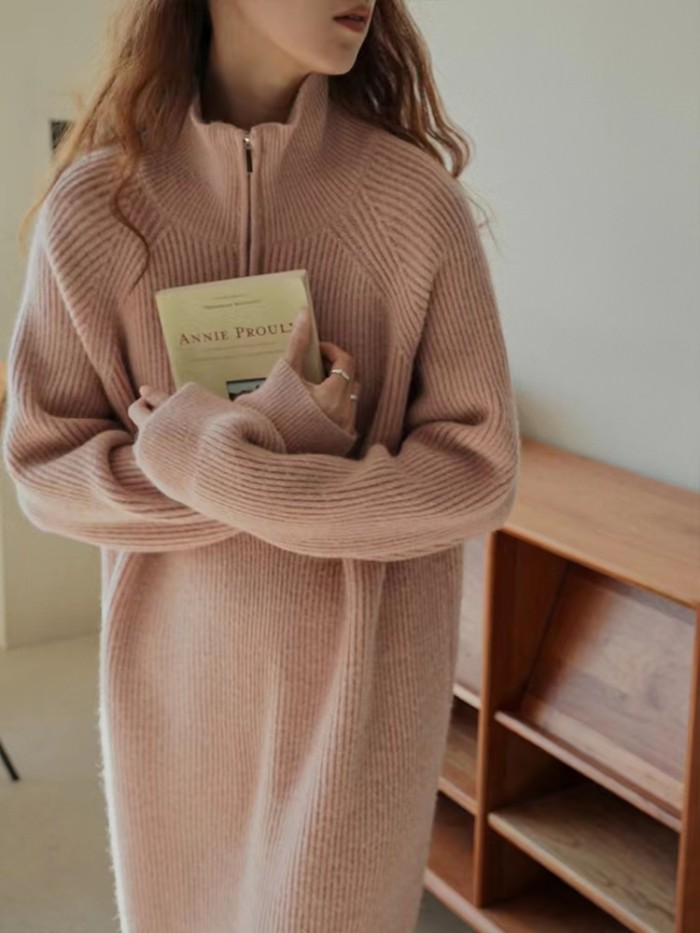 Women's Solid Color Retro Elegant Lapel Loose Warm  Sweater Dress