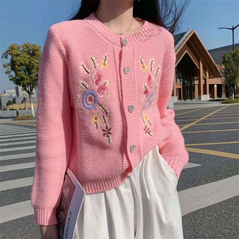 Fashion Embroidered Flower Slim Fit Round Neck Style Crop Navel Sweaters  Cardigans
