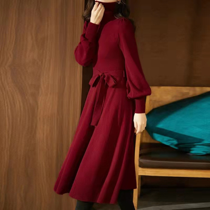 Elegant Long Sleeve Turtleneck Slim Fit A-Line Casual Solid Color Sweater Dress