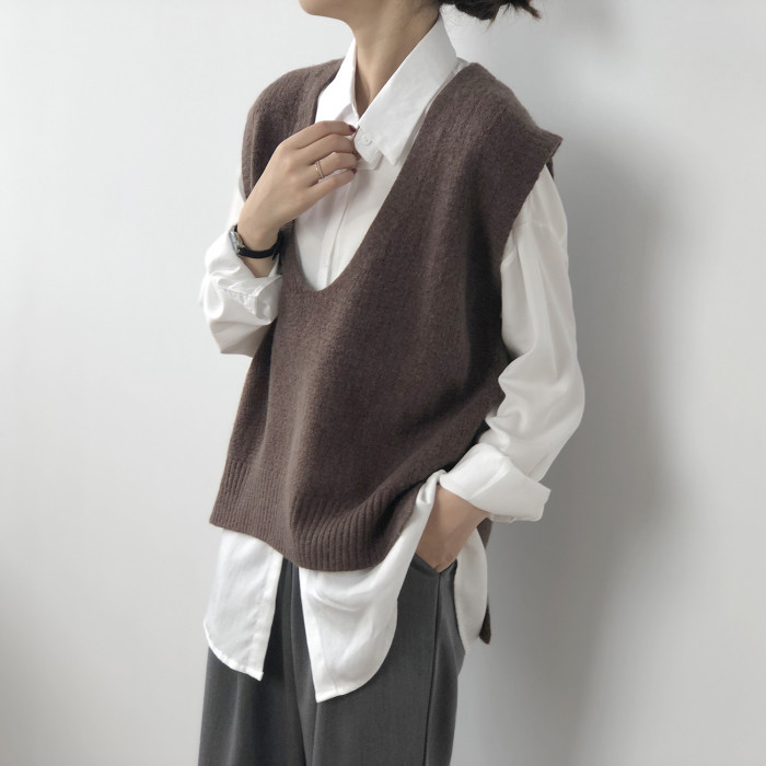 Fashion Elegant Solid Color Sleeveless V-Neck Retro Sweater Vests
