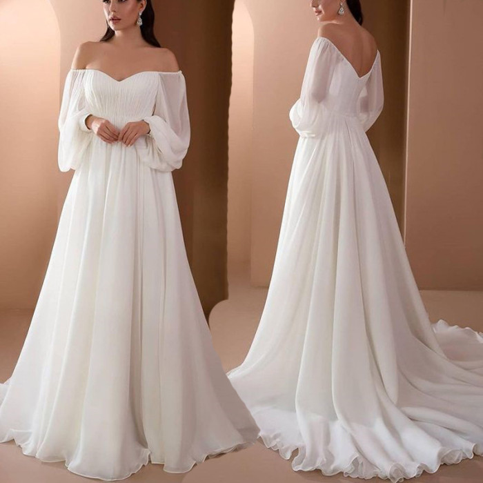 Fashion Long Sleeved Off The Shoulder White Floor Length Evening Dresses