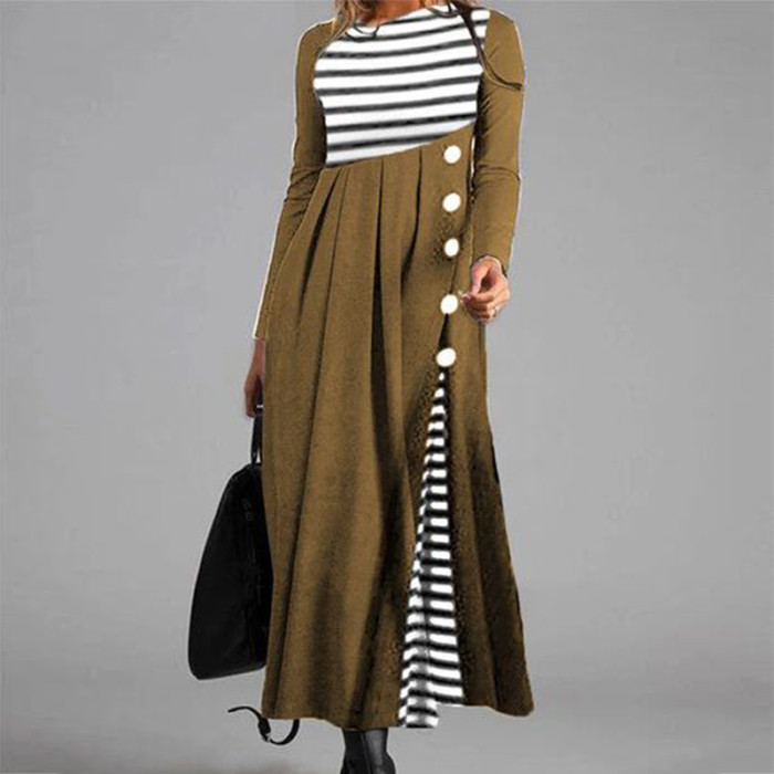 Elegant V Neck A Line Vintage Cotton Long Sleeve Party Casual Loose Midi Dress