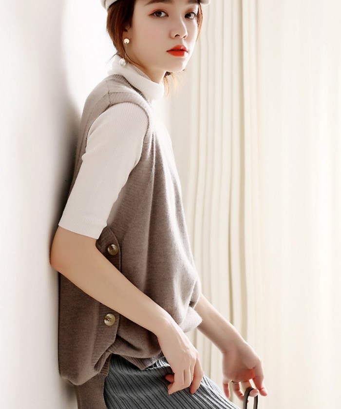 Women's Round Neck Fashion Versatile Solid Color Warm Casual  Sweater Vests