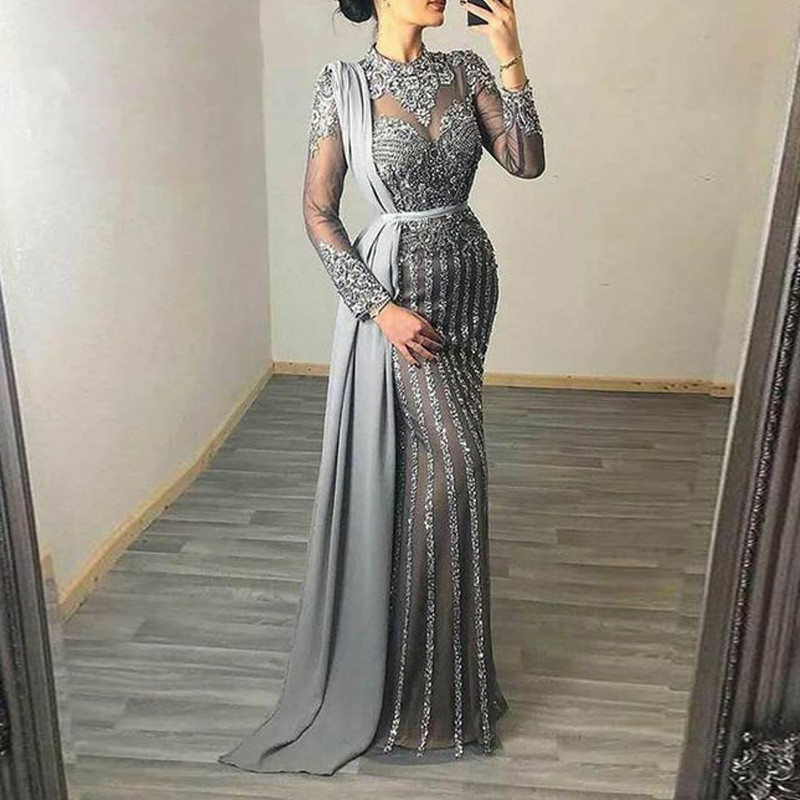 Crystal Sequin High Neck Long Sleeves Evening Dresses