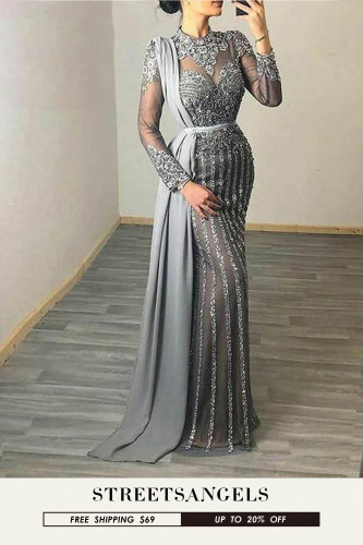 Crystal Sequin High Neck Long Sleeves Evening Dresses